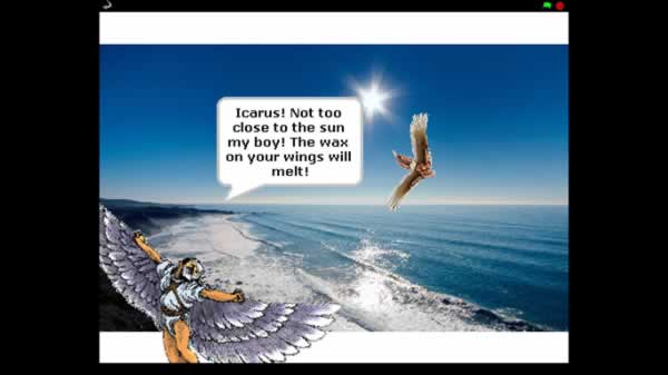 Icarus is flying too near the sun and his father is warning him that the wax on his wings will melt.