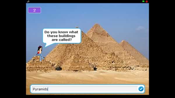 Picture of the pyramids with a girl asking if you know what they are called