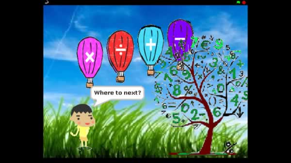 Image of balloons with mathematical symbols floating past a tree with numbers for leaves, and a boy saying Where to next?